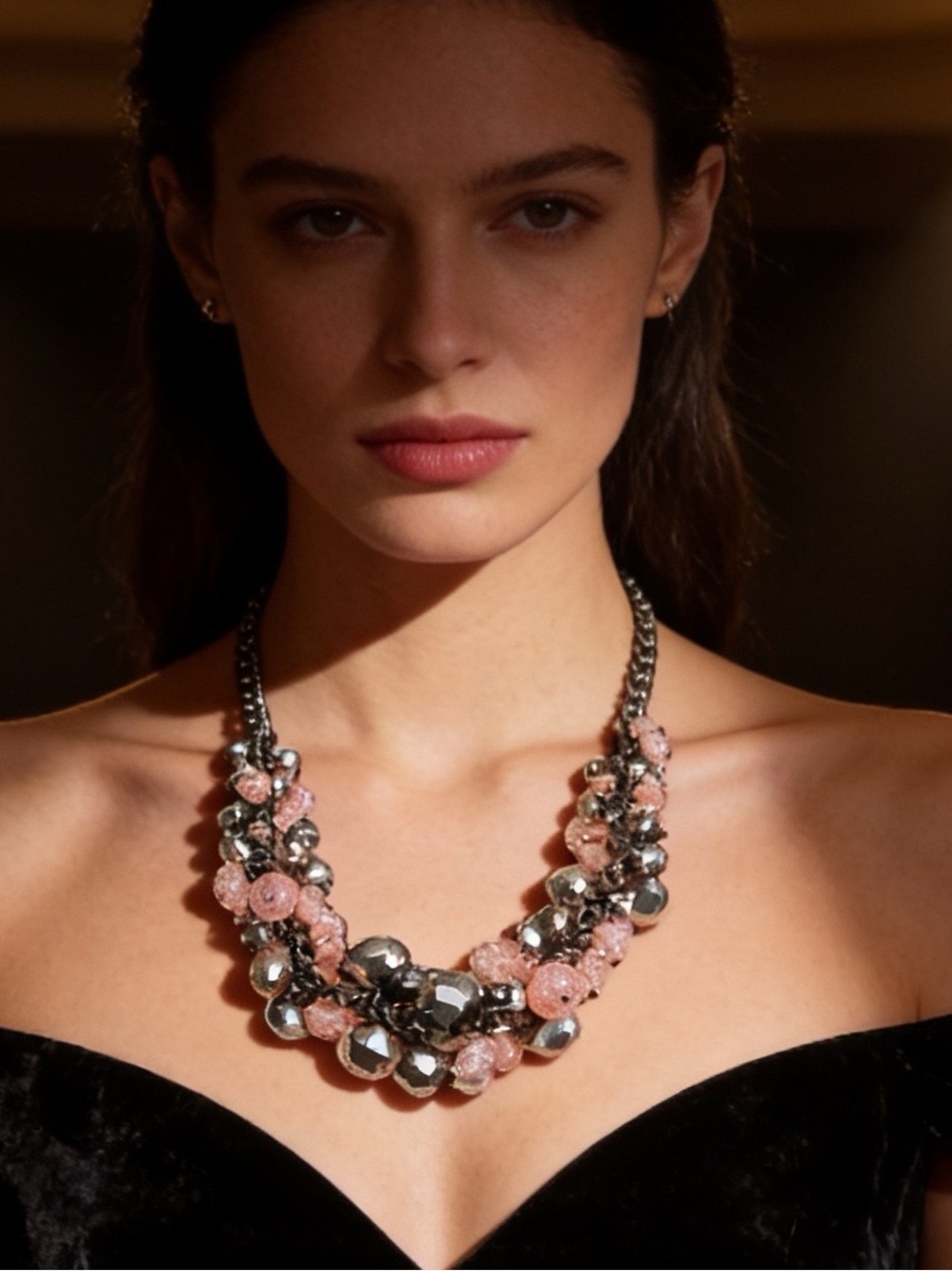 Simply Vera Vera Wang Pink & Gunmetal Faceted Beaded Statement Bib Necklace
